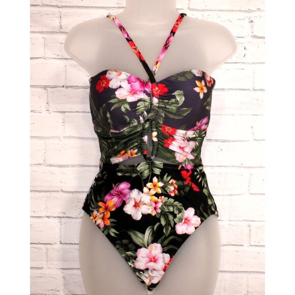 Bar III Women's Floral Keyhole One-Piece Swimsuit Navy Blue Size Large NWT - Picture 3 of 8